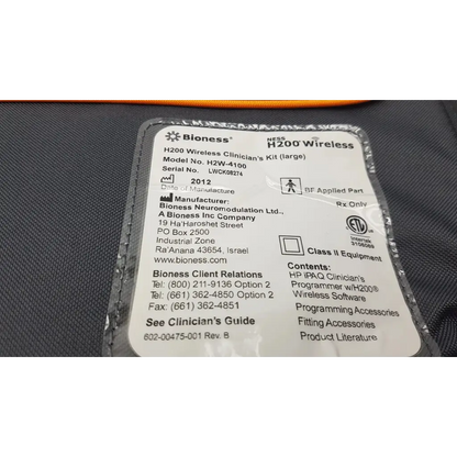 White label with black text and silver foil border displaying product info for bioness ness h200 wireless clinician’s kit
