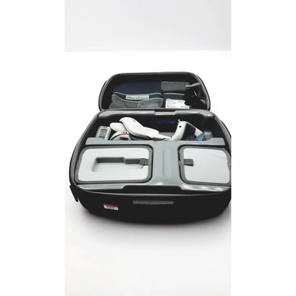 Black and gray hard-shell carrying case with molded compartments for white bioness ness h200 wireless rehabilitation vr headset and accessories