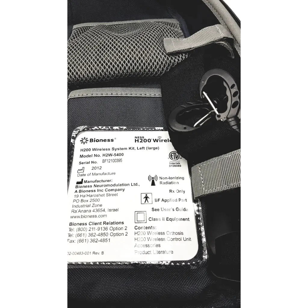 Black and gray mesh-woven carrying case for bioness ness h200 wireless rehabilitation muscle stimulator system kit left large