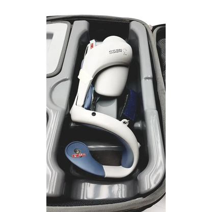 White and blue bioness ness h200 wireless virtual reality headset in gray foam carrying case for h200 wireless rehabilitation