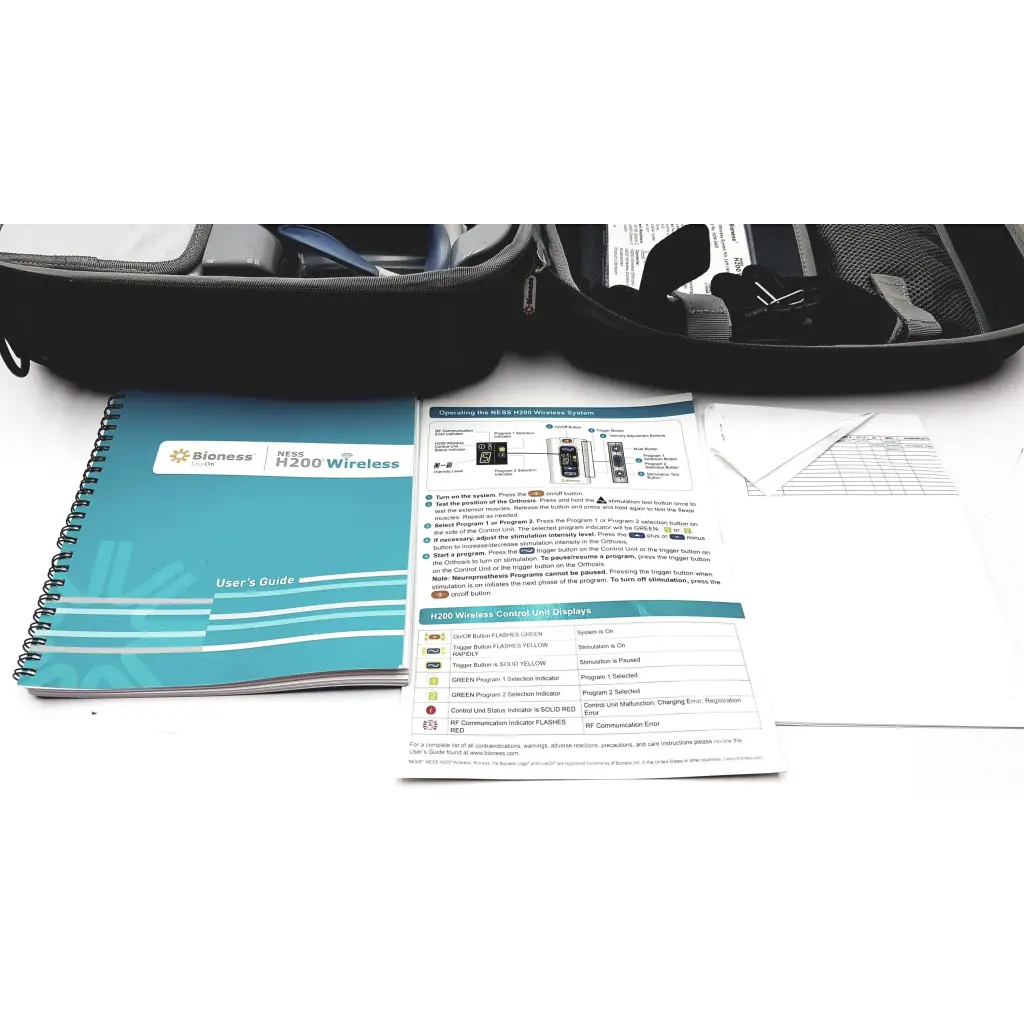Teal spiral-bound user guide for the bioness ness h200 wireless rehabilitation muscle stimulator system h2w-5400