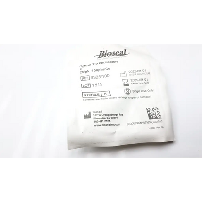 White sterile package of bioseal 3-inch cotton tip applicators with cotton tip for medical and cosmetic use