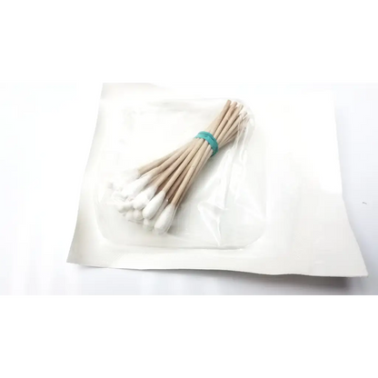 A bundle of bioseal 9325/100 wooden cotton tip applicators with white cotton tips tied with a teal rubber band
