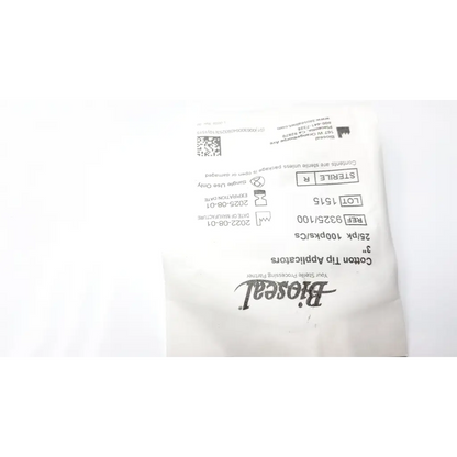 A white paper package of 25 sterile cotton tip applicators branded biosell labeled bioseal 9325 100