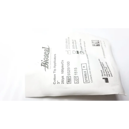 Bioseal 9325/100 sterile cotton tip applicators in a sealed white plastic package with cotton tip applicators