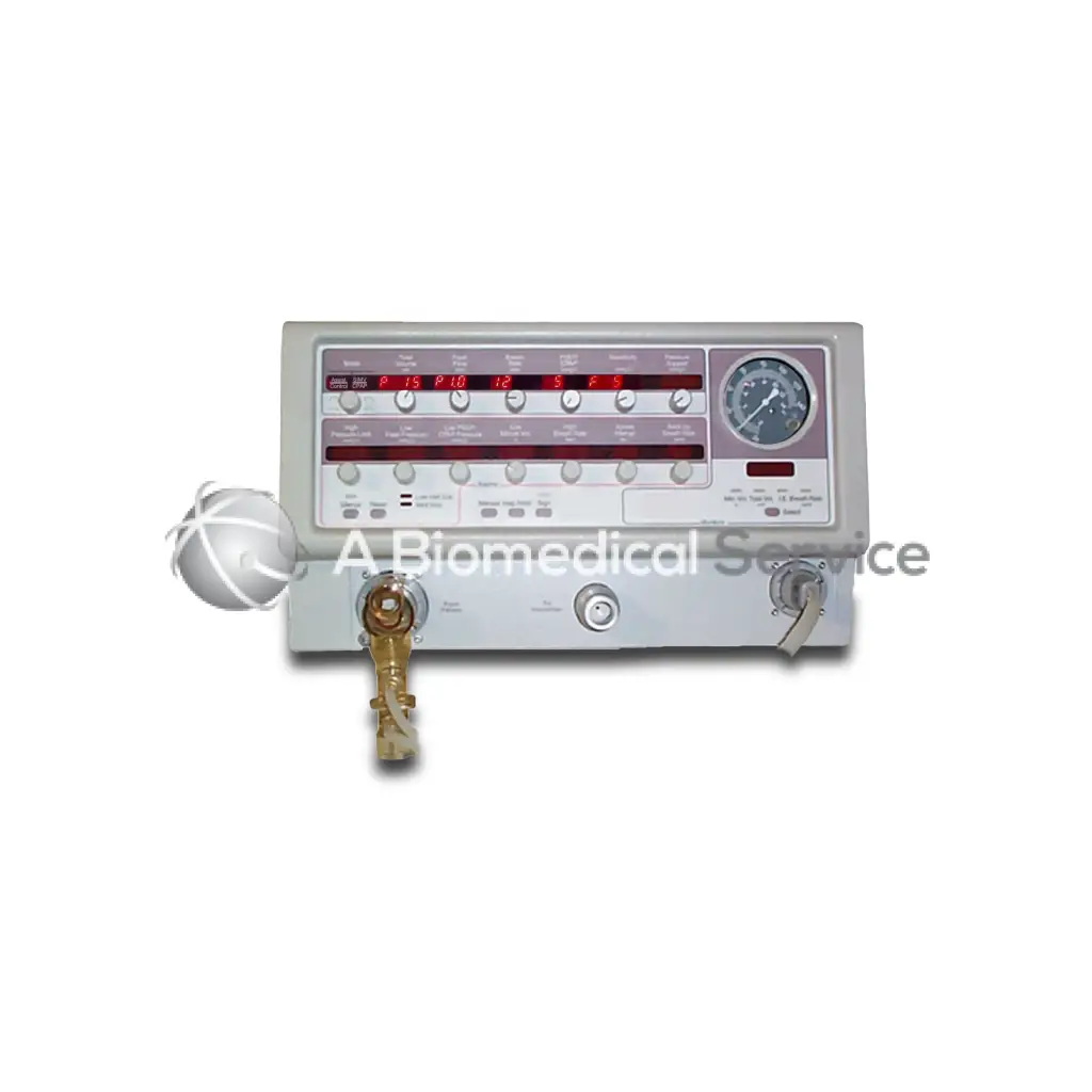 Gray bird 8400 STI medical ventilator with digital red display, control knobs, analog pressure gauge, and brass tubing connectors