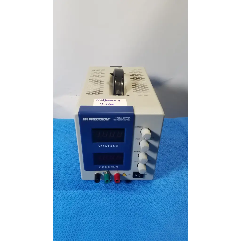 Beige and blue BK Precision 1735A 30V digital DC power supply with voltage current displays and rotary knobs