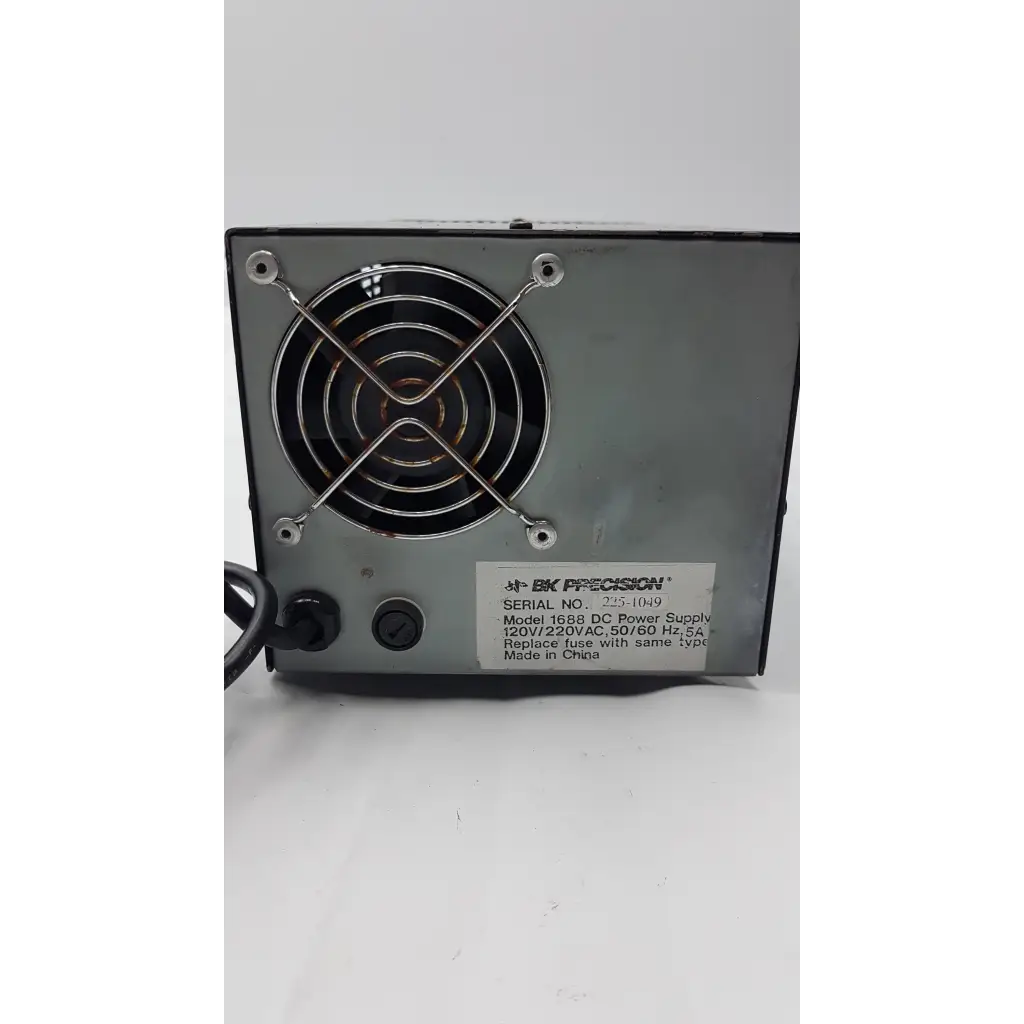 Black bk precision model 1688 dc power supply with circular fan and two black knobs for precise voltage control