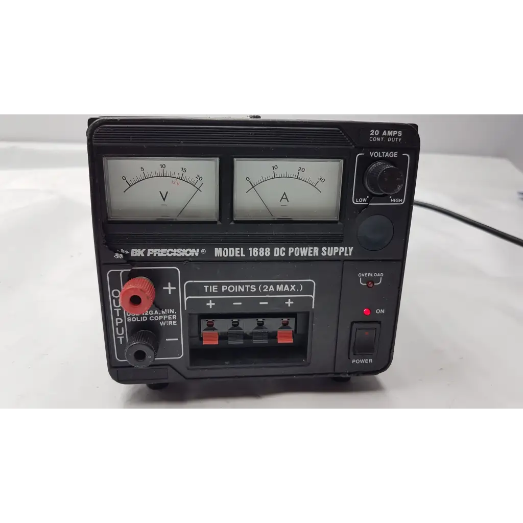 Bk precision model 1688 black dc power supply with two analog meters and red tie points for precise voltage control
