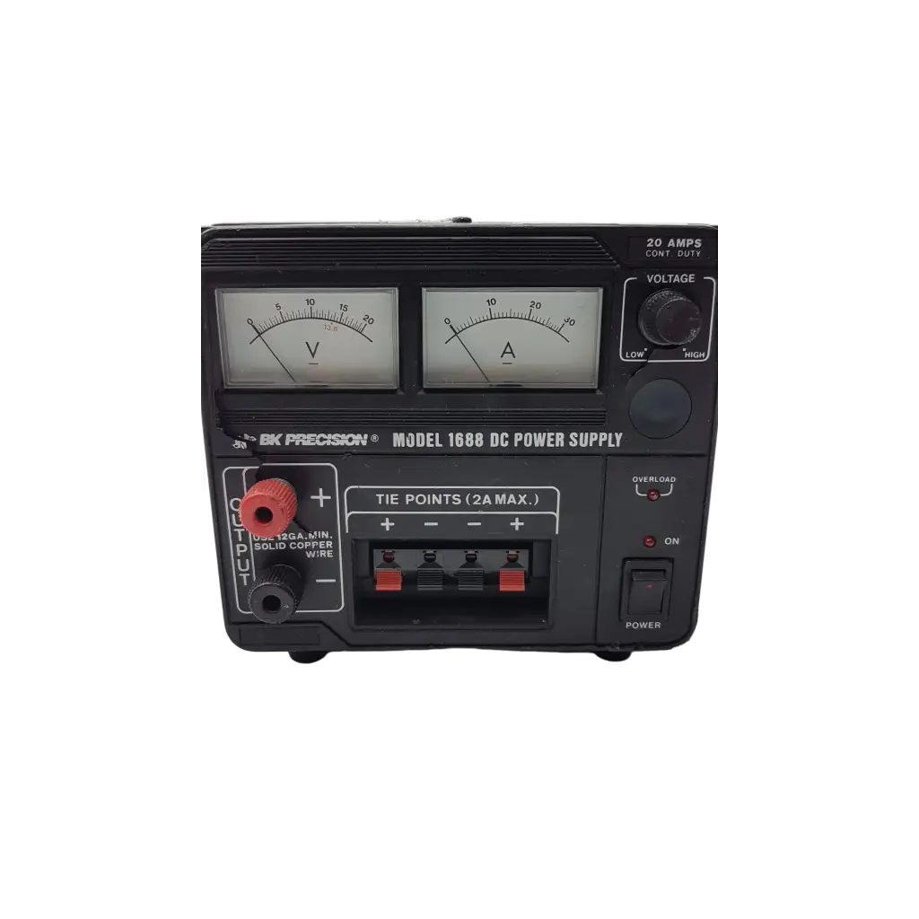 Bk precision model 1688 dc power supply with dual analog meters and red tie points in black precision model design