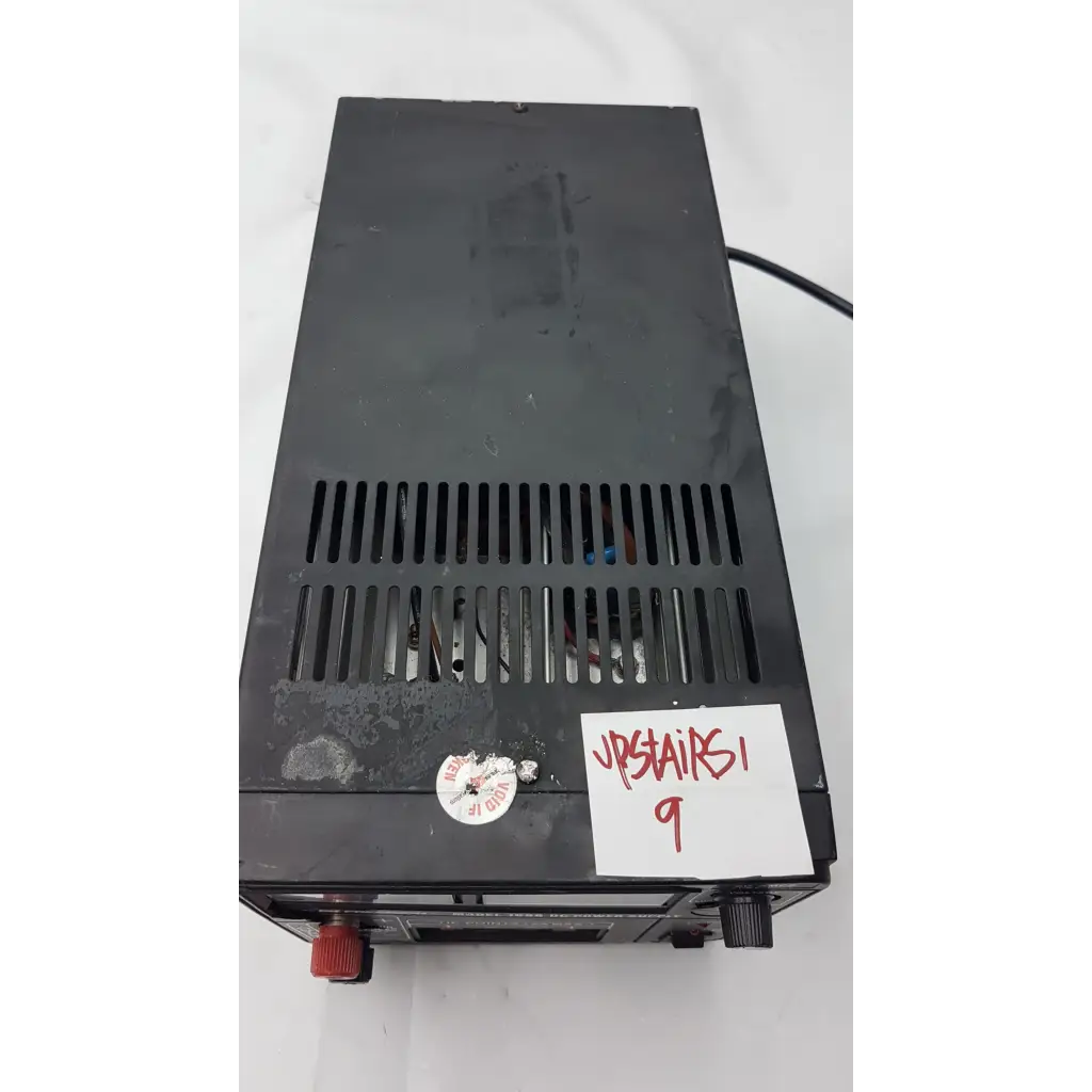Black rectangular b&k precision model 1688 dc power supply with vented top and red and black knobs front panel