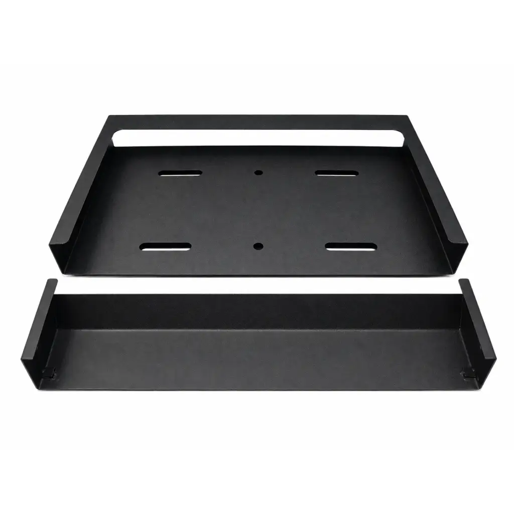 Black metal wall-mount equipment tray biomed certified with rectangular cutouts and mounting holes shown from the back side