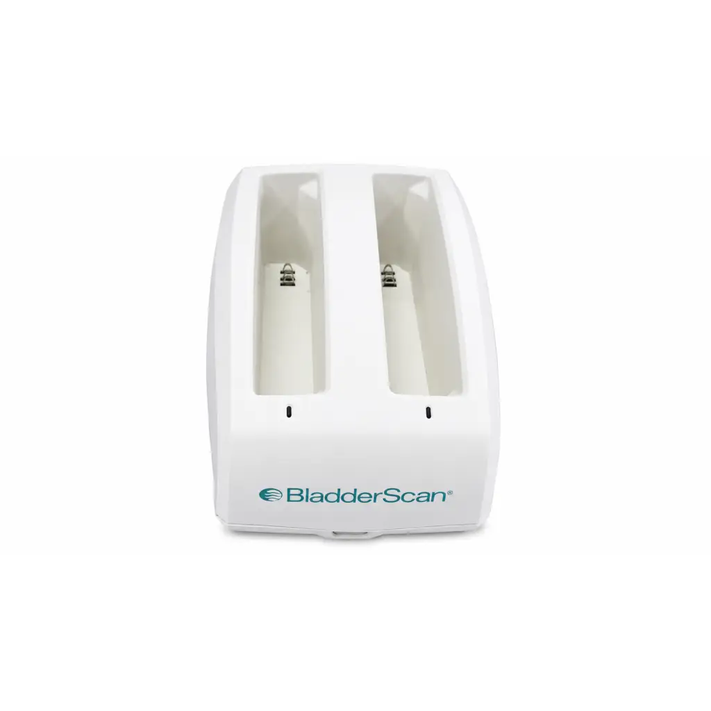 White plastic bladderscan battery charger with two battery compartments for professional medical equipment use