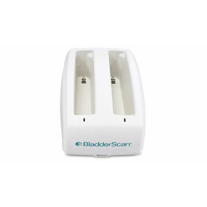 White plastic bladderscan battery charger with two battery compartments for professional medical equipment use