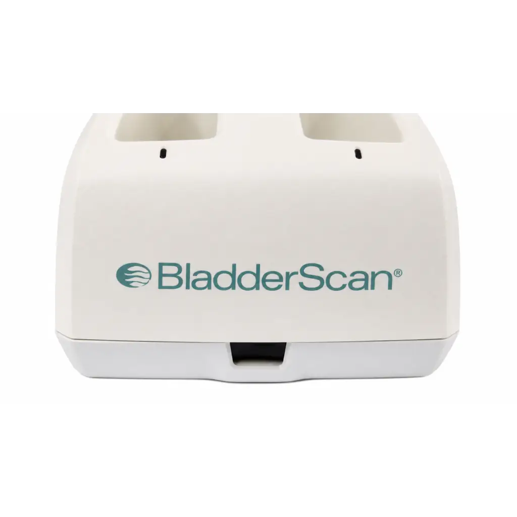White bladderscan battery charger with teal branding compact sleek design professional medical equipment biomed certified
