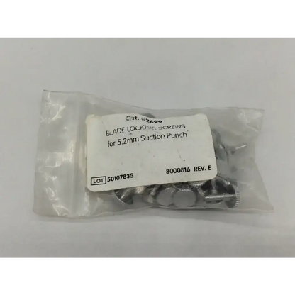 Silver blade locking screws in a clear bag labeled for 5.2mm suction punch tools with suction punch use