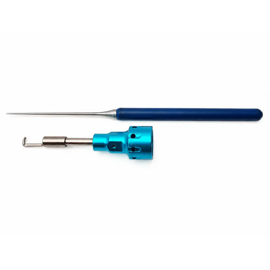 Blue surgical instrument set metal needle tool with blue handle teal cylindrical head and silver shaft in instrument set