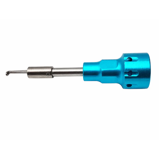 Blue anodized aluminum surgical instrument set with silver metallic shaft and curved tip