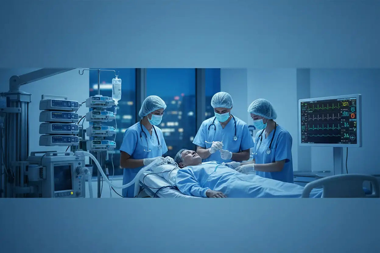 Blue surgical scrubs worn by medical staff in an operating room
