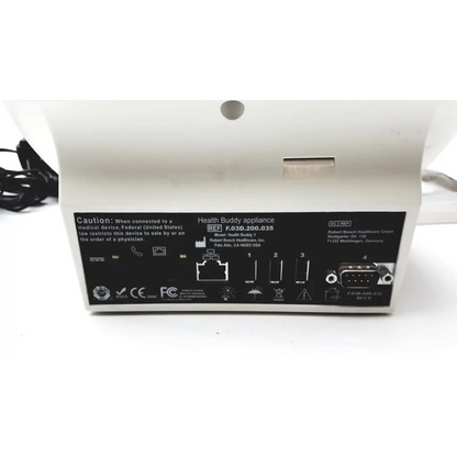 White bosch health buddy g-bbhc5-1 telemedicine system device back with black label showing model info and certifications