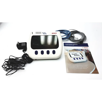 Bosch health buddy g-bbhc5-1 white plastic telemedicine device with black screen and four blue oval buttons