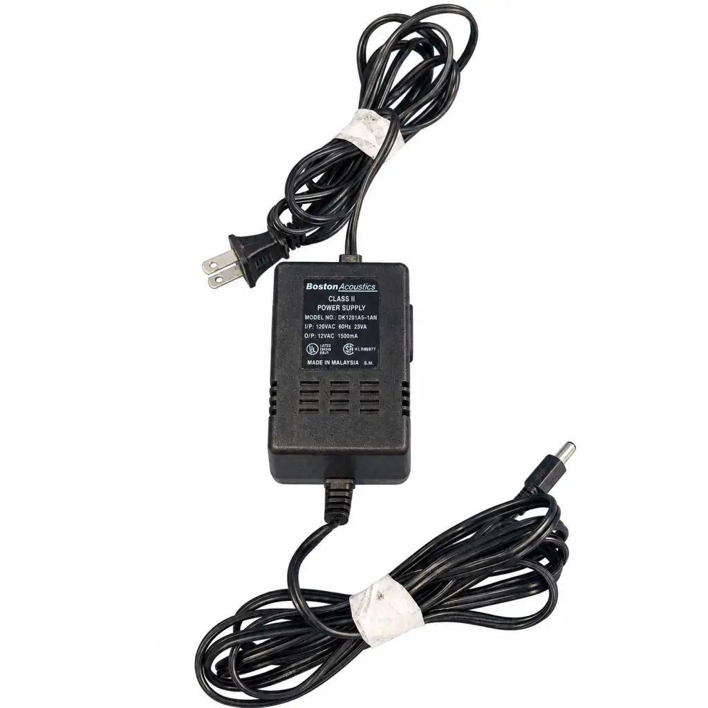 Black boston acoustics dk1201a5-1an class ii 12vac 1500mA power supply with coiled black cords and standard plug