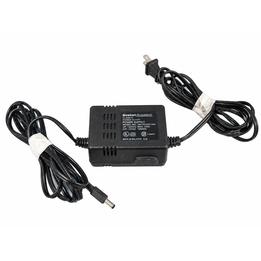 Black boston acoustics dk1201a5-1an power supply adapter with coiled cords and white label for 12vac 1500mA output