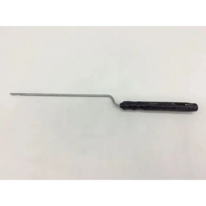Black-handled boston scientific 1564-00 endosurgical bayonet surgical knife with long slender metallic shaft and curved tip