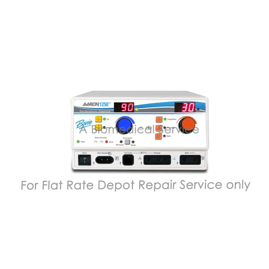White and blue medical electrosurgical bovie aaron 1250 with digital displays 90 and 30 featuring blue dial and orange knob repair service