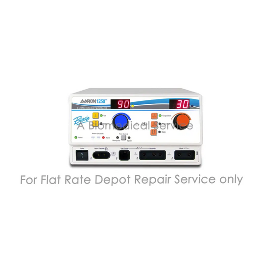 White and blue medical electrosurgical bovie aaron 1250 with digital displays 90 and 30 featuring blue dial and orange knob repair service