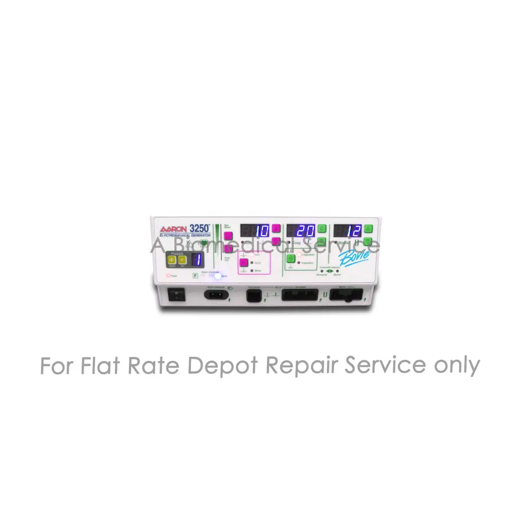 White bovie aaron 3250 electrosurgical generator with colorful digital displays and buttons for medical equipment repair service