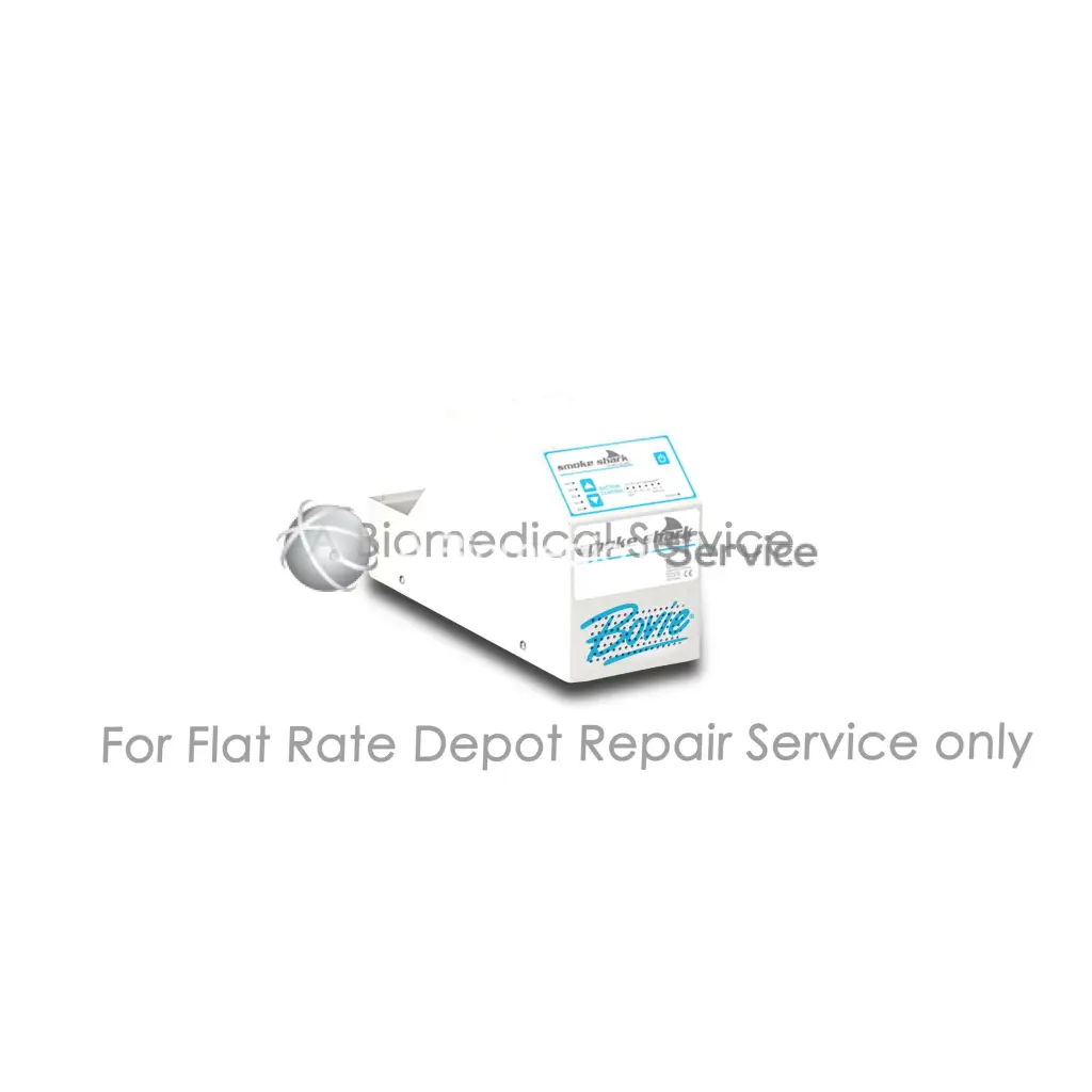 White rectangular bovie aaron smoke shark medical equipment with teal branding and spherical component for repair service