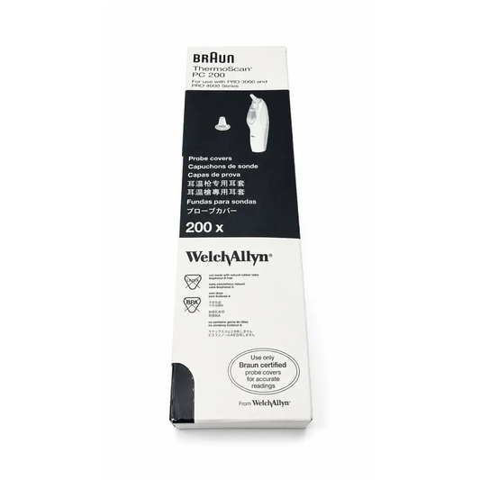White and black braun thermoscan pc 200 probe covers box for hygienic ear thermometer use