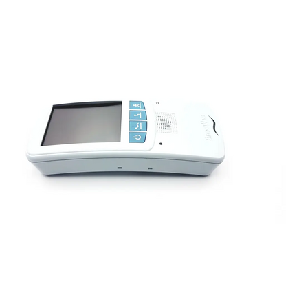 White handheld medical device with rectangular screen and four blue buttons for niov patient interface use
