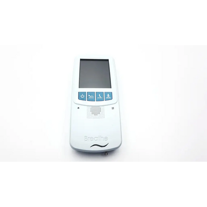 White breathe breath training device with rectangular screen and four blue buttons in niov patient interface model