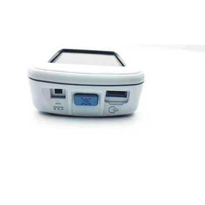 White handheld barcode scanner with rectangular screen and multiple ports on back for niov patient interface