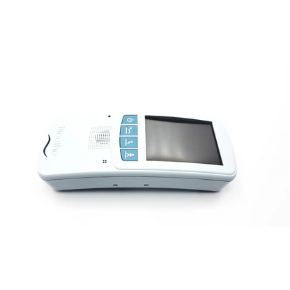 White handheld niov patient interface with rectangular screen and four blue function buttons on the left side