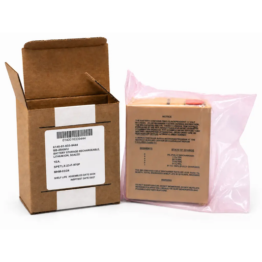 A bren-tronics bb-2590a brown cardboard box with label next to a sealed rechargeable lithium-ion battery pack