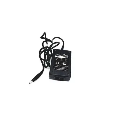 Black plastic ac adapter with coiled power cord and cylindrical connector for bridgepower corp bpm050s12f02 medical use