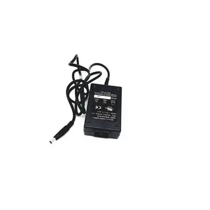 Black plastic ac adapter with coiled power cord and cylindrical connector for bridgepower corp bpm050s12f02 medical use