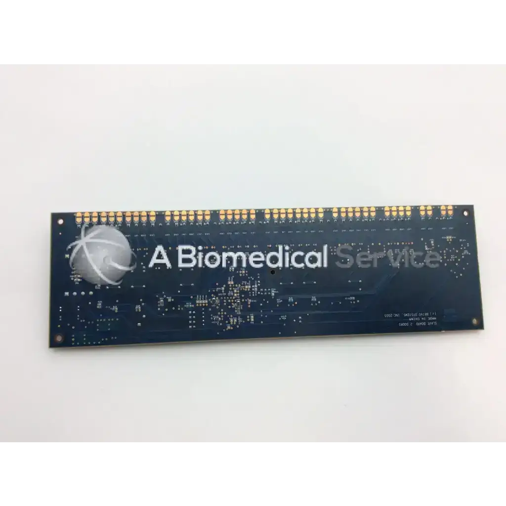 Dark blue door slave board with gold contact pins and silver globe logo labeled a biomedical service brivo 1181-01-001-0102