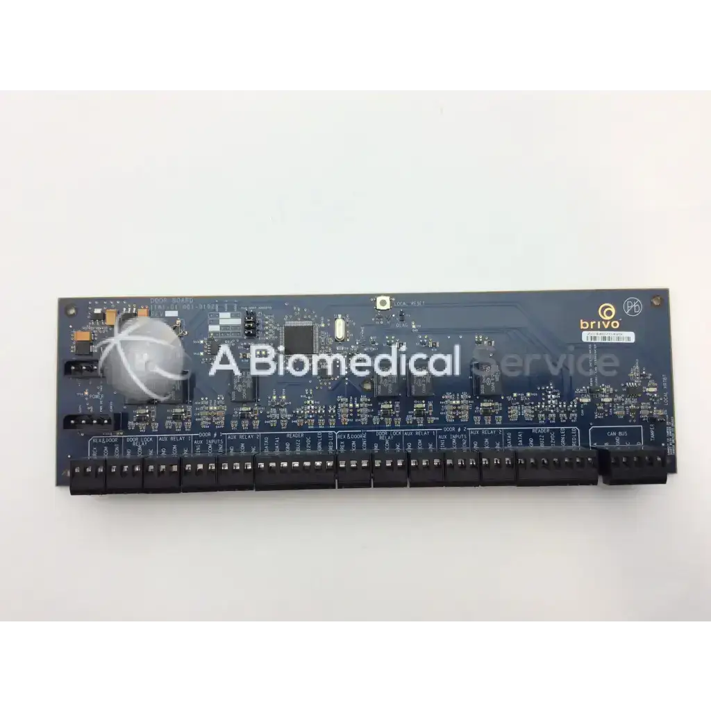 Blue rectangular brivo door slave board with black connectors and silver components for access control systems