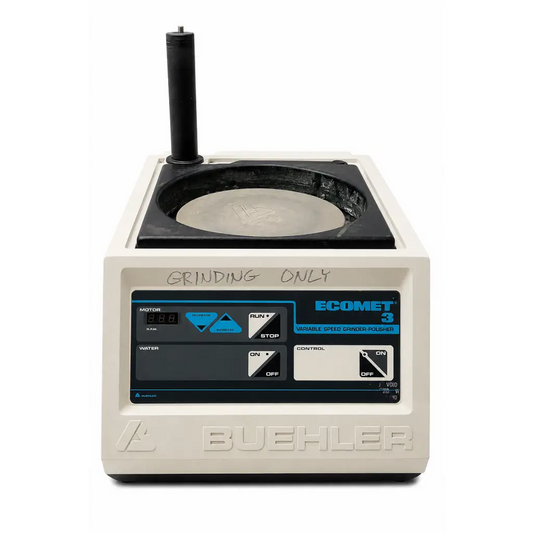 Beige buehler ecomet 3 variable speed grinder-polisher with black control panel and central grinding wheel