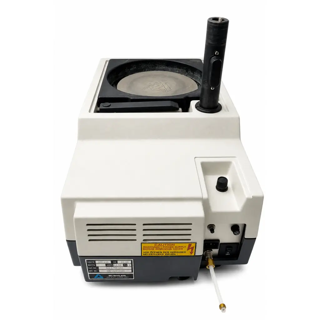 White and black biomed certified buehler ecomet 3 variable speed grinder-polisher with circular platform labeled schlumberger