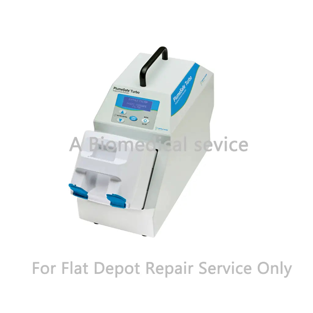 Buffalo Filter PlumeSafe Turbo surgical smoke evacuator repair service showing white blue device with black handle and digital display