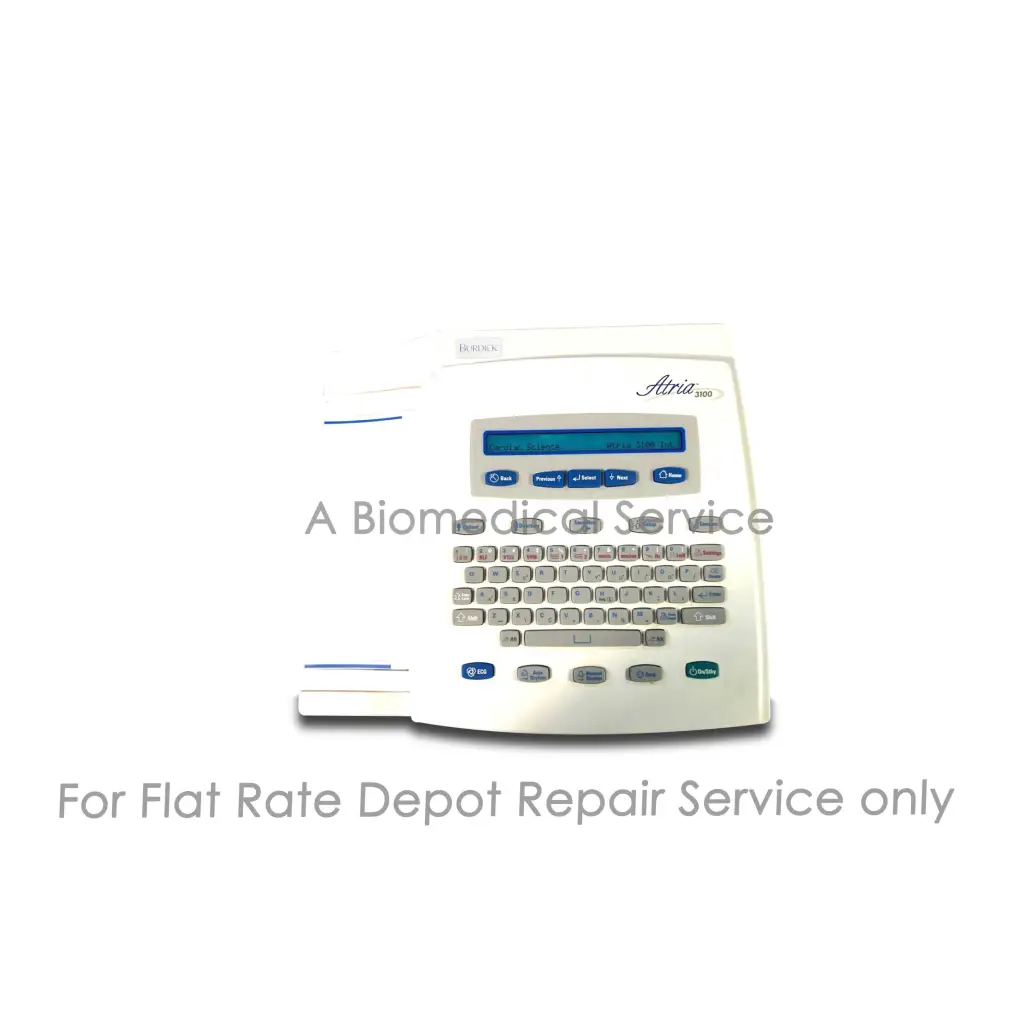 White plastic Burdick Atria 3100 label printer with blue display and gray keys for medical equipment repair service