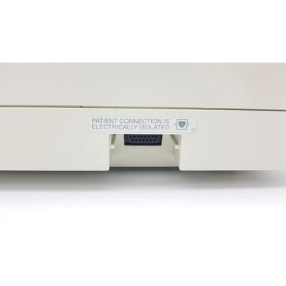 White burdick e350i electrocardiograph with black connector port and patient connection electrically isolated label visible