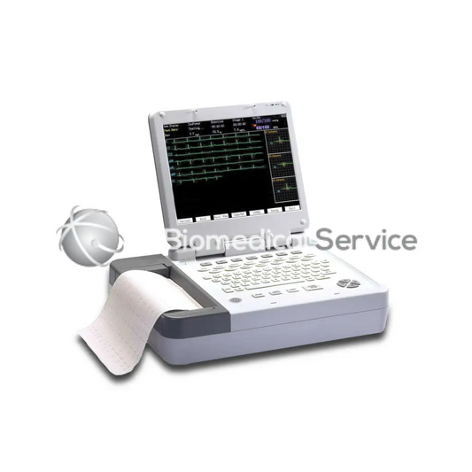 White and gray burdick quest stress portable cardiac monitor with touchscreen showing ecg readings and paper output slot