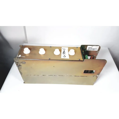 Brass-colored metal module vm 50a with four white knobs and green circuit board for 50a 300v power supply by bystronic