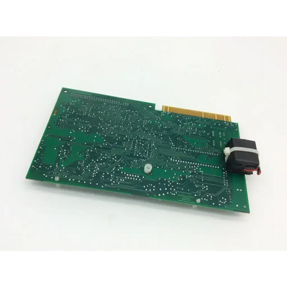 Green printed circuit board with gold edge connector and black component attached by white tape on e15578600a 158at master cpu ethernet card